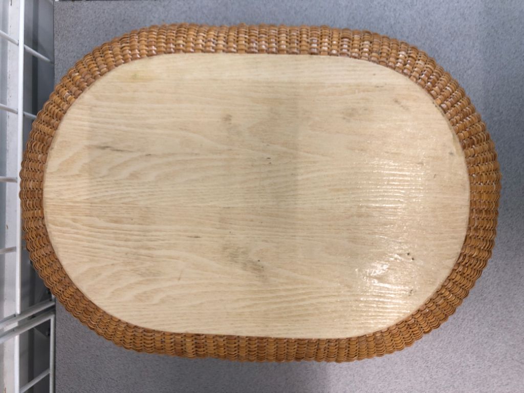 WICKER BASKET TRAY W/WOOD BOTTOM AND HANDLES.