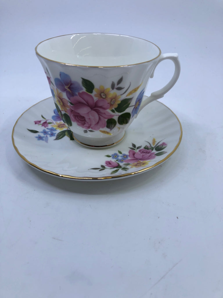 PINK AND YELLOW TEACUP AND SAUCER-ROYAL VICTORIAN.