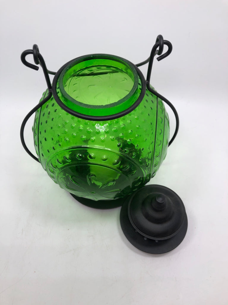 HOBNAIL GREEN GLASS CANDLE LANTERN W METAL HANDLE.