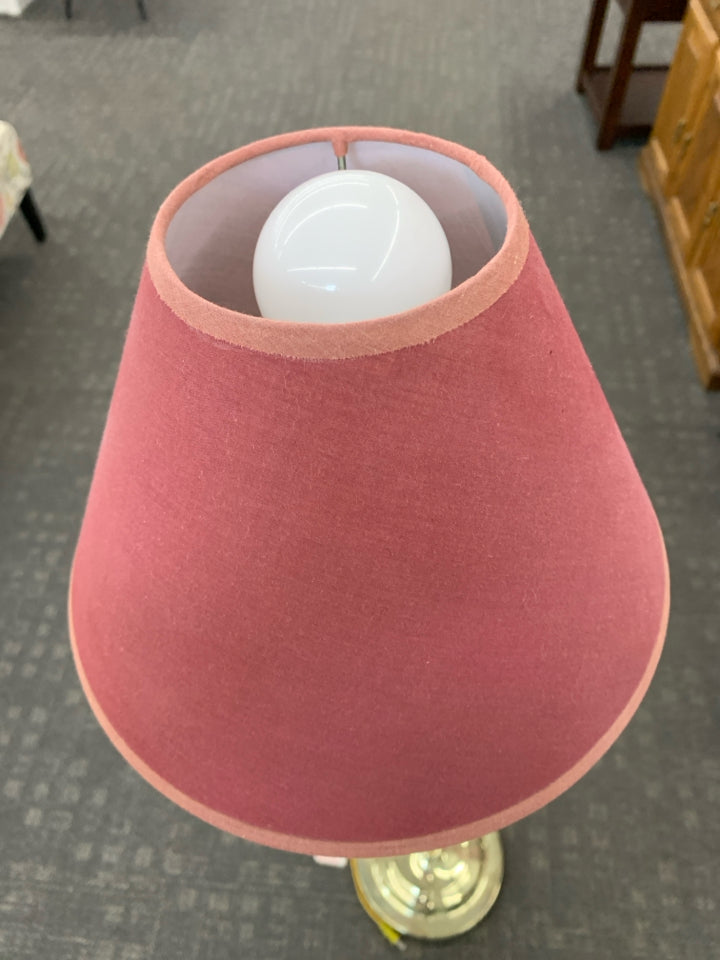 SWING ARM FLOOR LAMP WITH FABRIC SHADE.