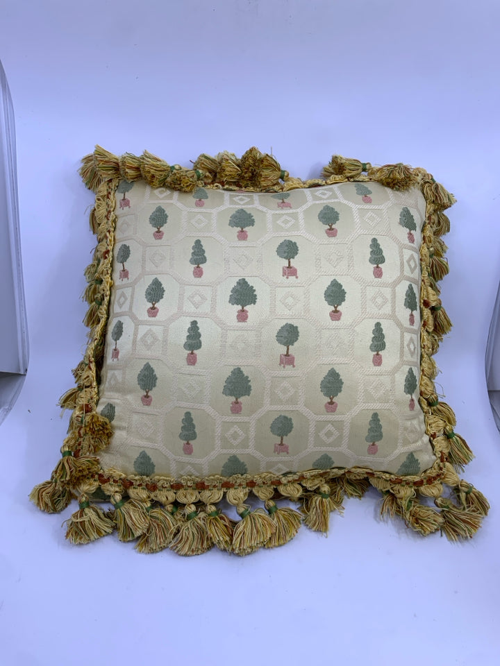 GOLD ACCENT PILLOW/STITCHED TREES AND GOLD TASSELS.