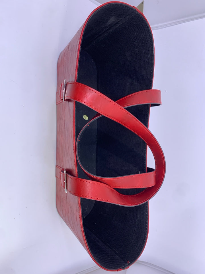 RED LEATHER FAUX PURSE BASKET W/BUCKLES.