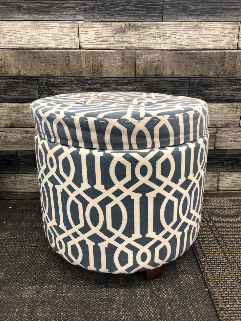 BLUE AND WHITE STORAGE OTTOMAN.
