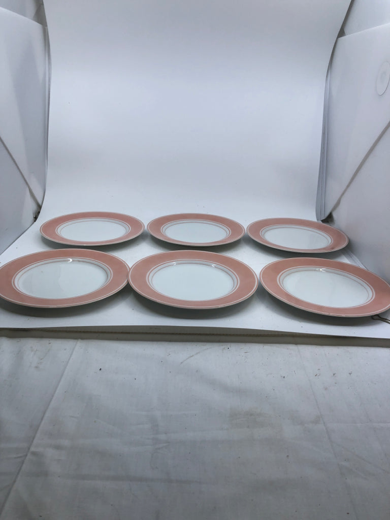 6 PEACH RIM LUNCH PLATES.