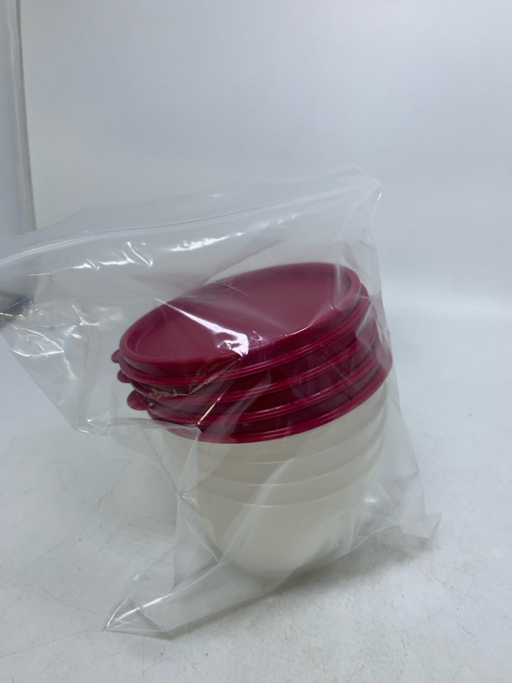 4 BOWLS W/ DARK PINK LIDS IN BAG.