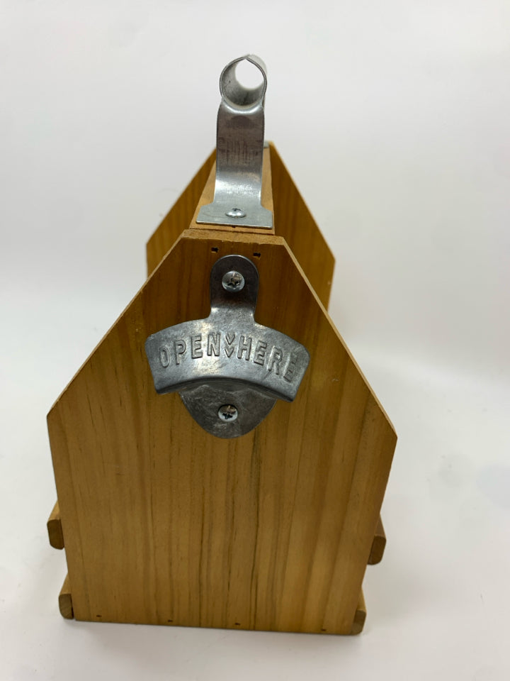 WOODEN BEER CADDY W BEER OPENER.