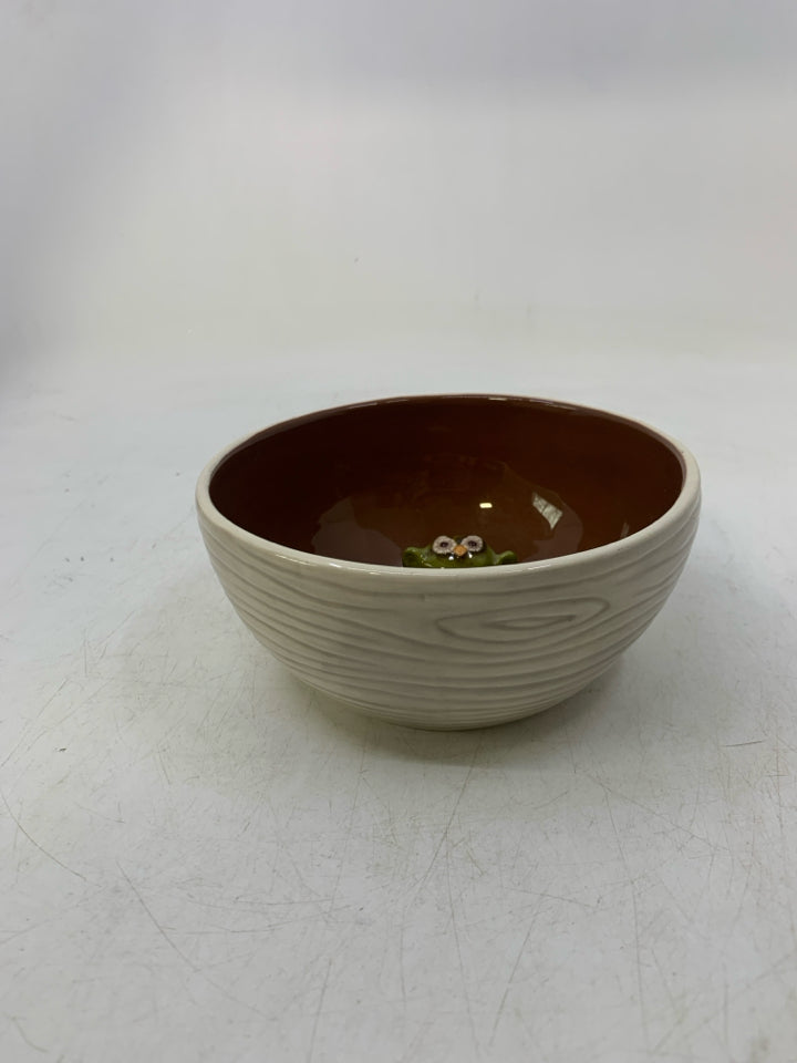 WHITE OUTSIDE BROWN INSIDE BOWL W/ OWL IN CENTER.