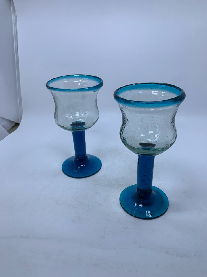 2 HAND BLOWN BLUE STEM WINE GLASSES.