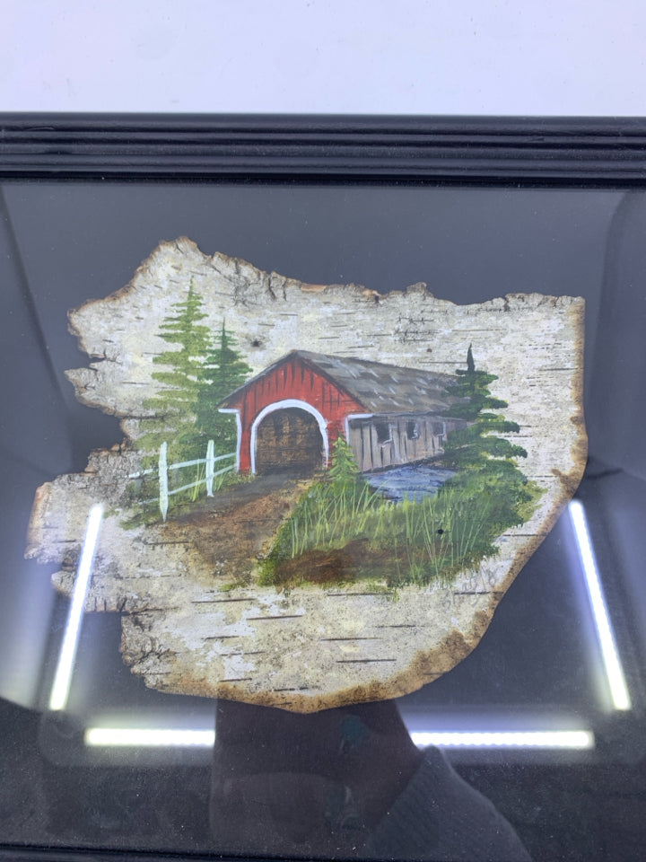 COVERED BRIDGE ON BARK FOLK ART.