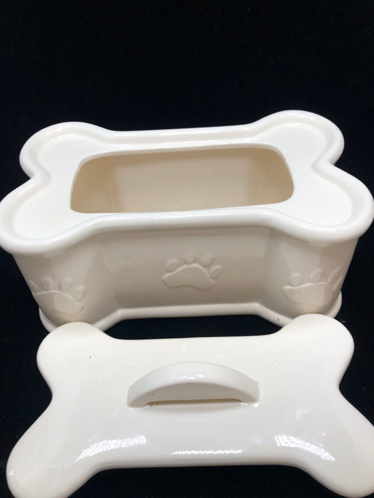 WHITE CERAMIC DOG BONE CANISTER W/LID.