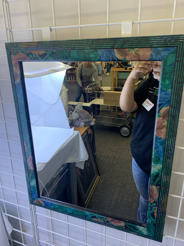 SQUARE MIRROR W/ GREEN FLORAL FRAME.