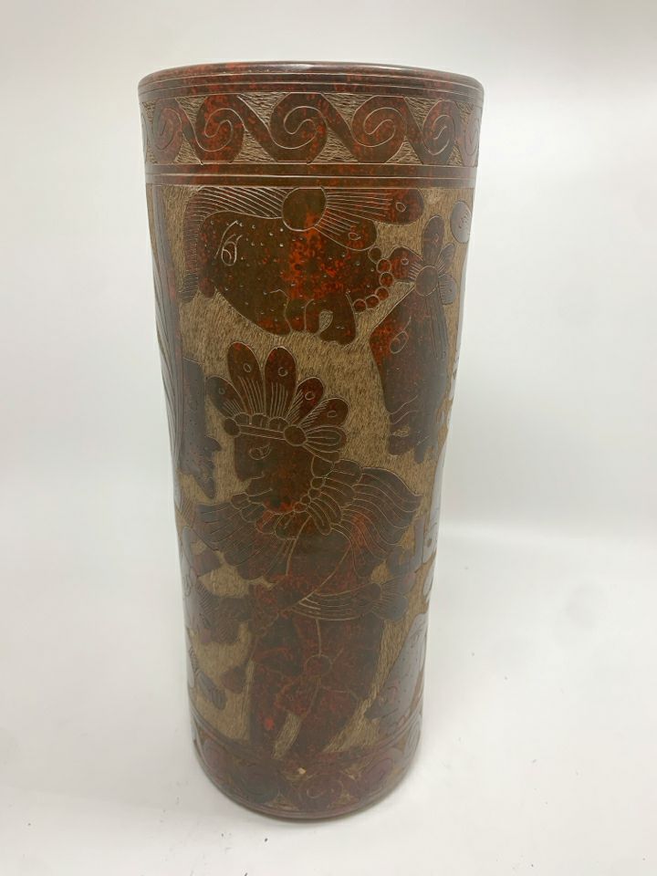 MAYAN-STYLE CARVED CYLINDER VASE.