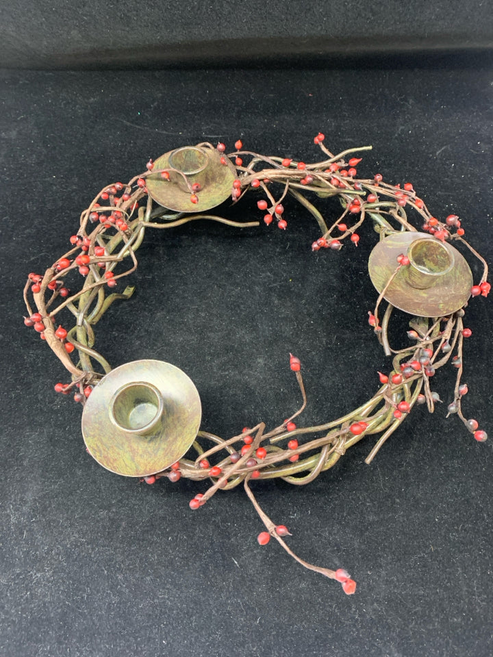METAL TWIG AND BERRIES 3 TAPER CANDLE HOLDER.