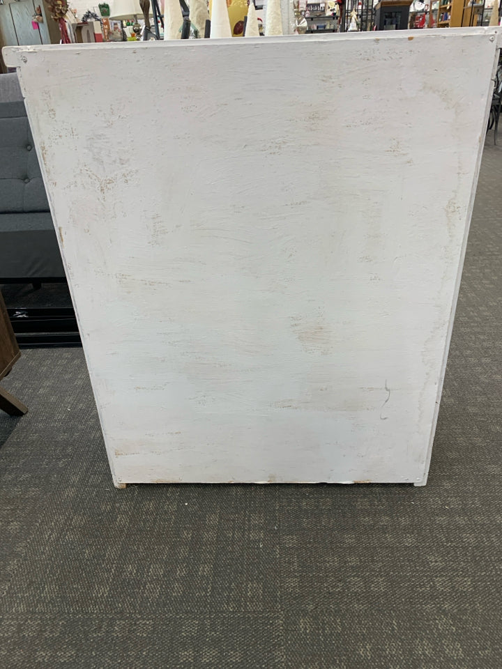 WHITE SHORT DRESSER W 4 TEAL DRAWERS.