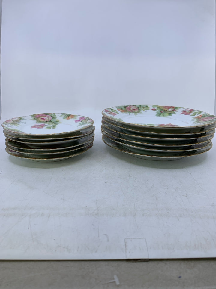 VTG 12 PC SVC 6 PINK ROSE W/ GOLD EDGE LUNCH/APPETIZER PLATES.