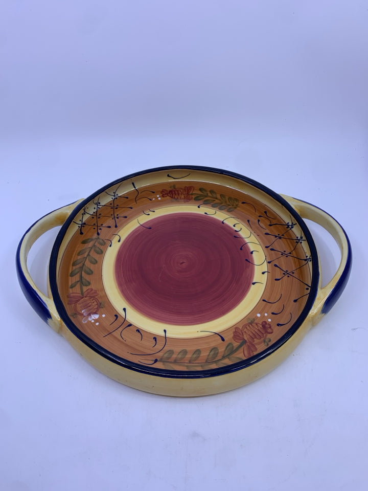 BROWN AND BLUE POTTERY DISH W HANDLES.