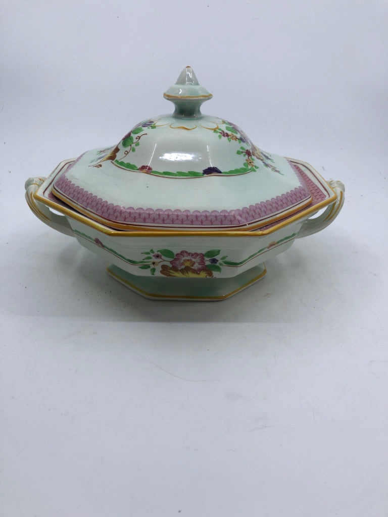 VTG GREEN W PINK FLORAL SERVING DISH W LID- CAYLX WARE.