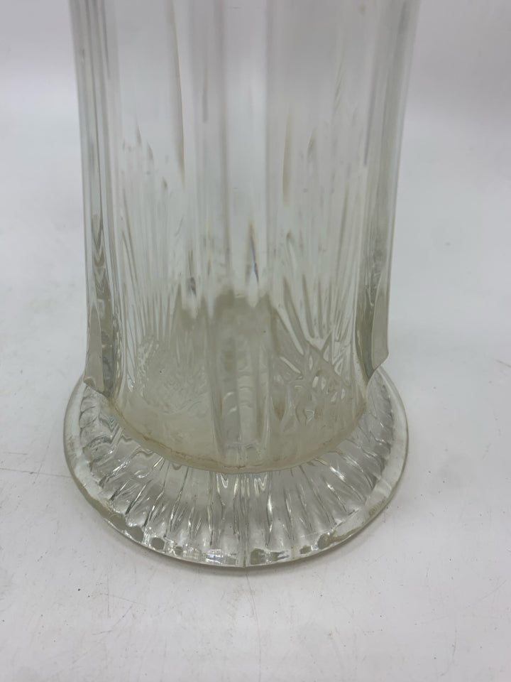 CUT GLASS RIBBED VASE W/RUFFLE TOP.