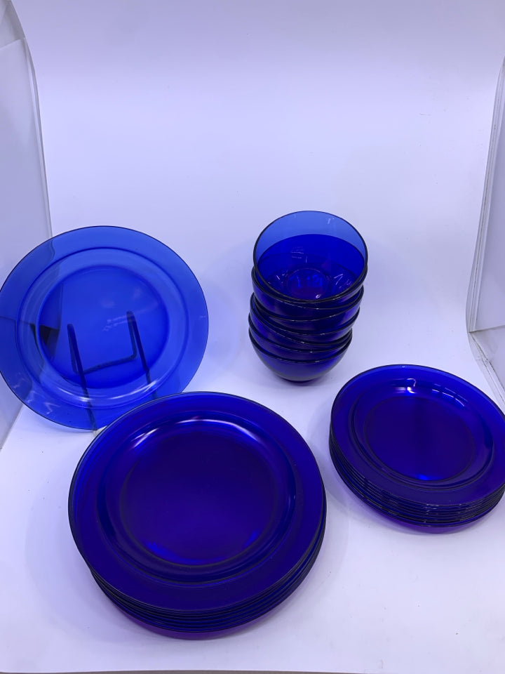 24 PC COBALT BLUE GLASS SVC 8- LUNCH,DINNER,BOWLS.