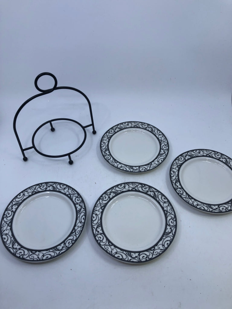 5pc APP PLATE SET WHITE W/ BLACK SCROLL DESIGN EDGE BLACK METAL STAND.