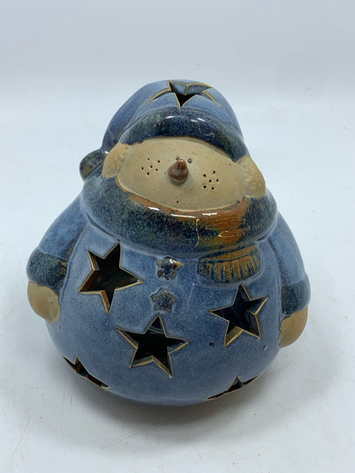 BLUE STAR PIERCED FAT SNOWMAN TEALIGHT HOLDER.