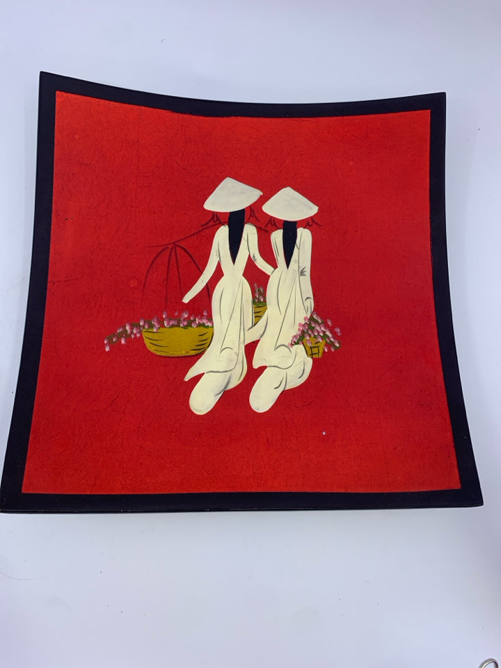 3 RED SQUARE DELICATE PLATES W 2 WOMEN WALKING.