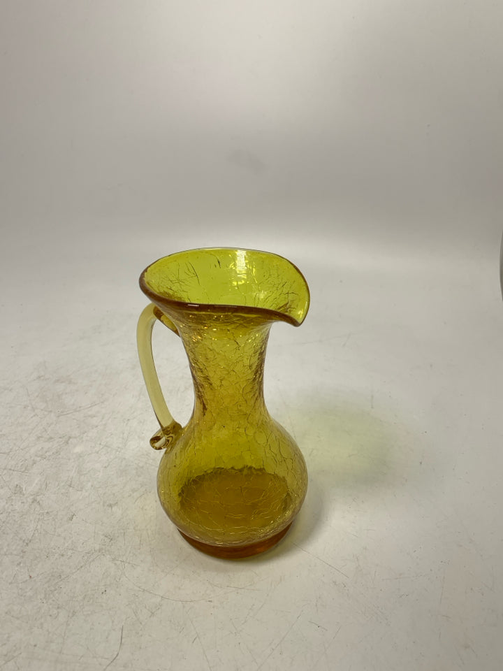 BRIGHT YELLOW CRACKLE GLASS BLOWN PITCHER.