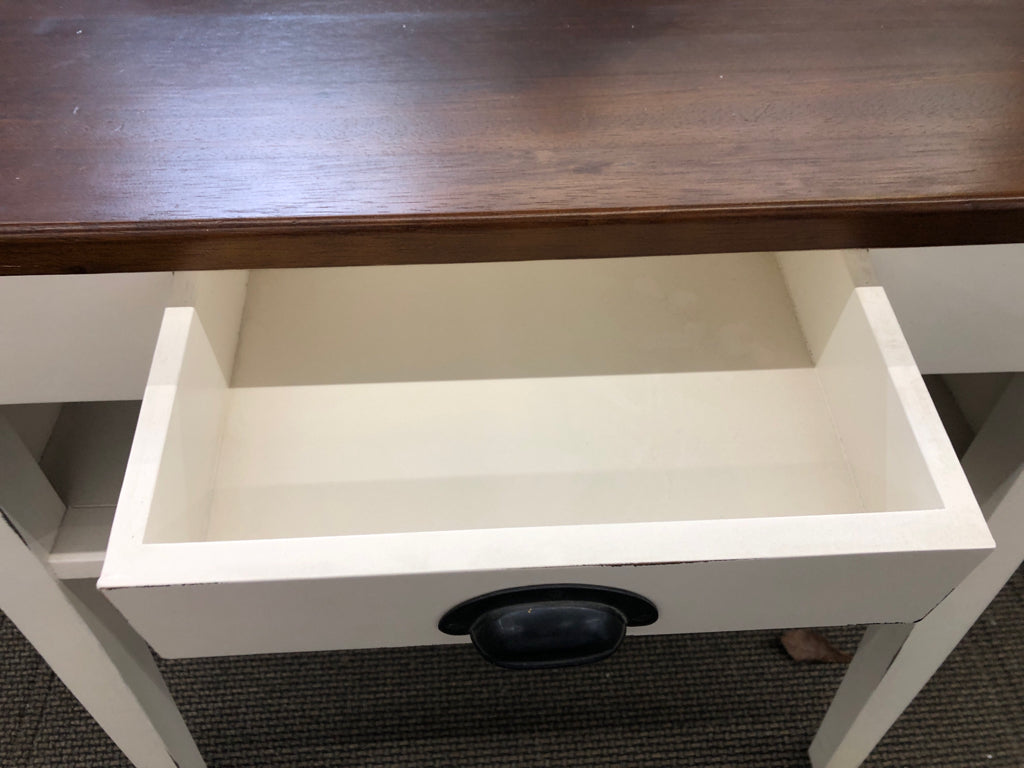 WHITE W DARK WOOD TOP SIDE TABLE W 1 DRAWER AND STORAGE.