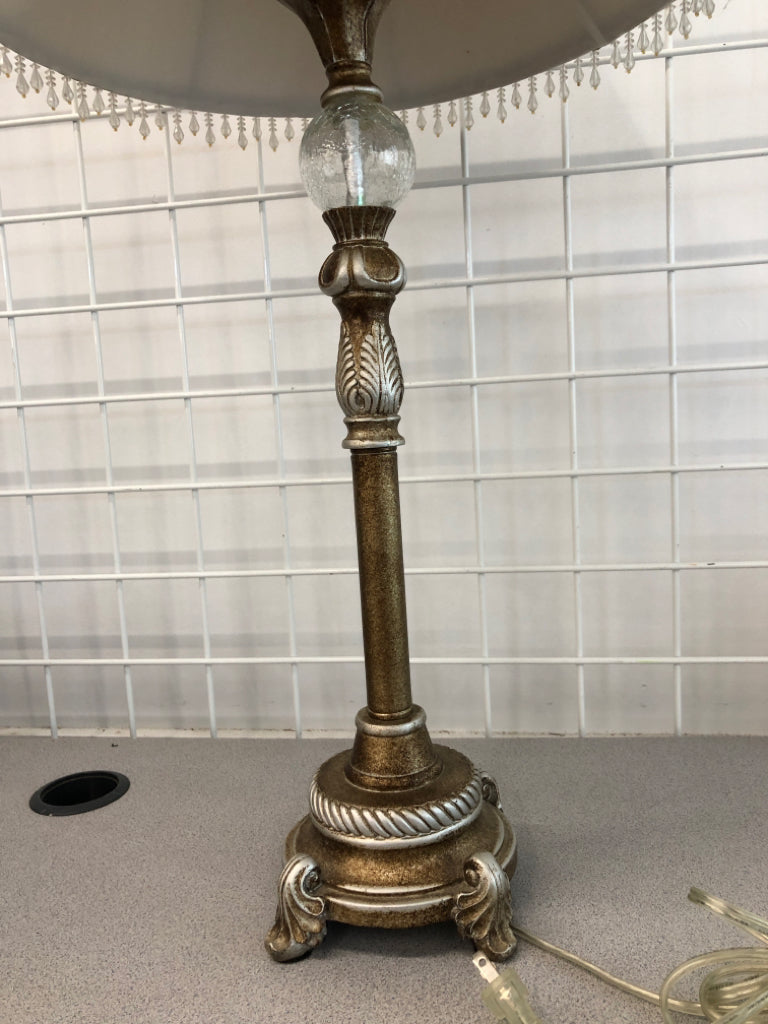 ELEGANT GLASS ORB LAMP W/ DANGLE BEADS.