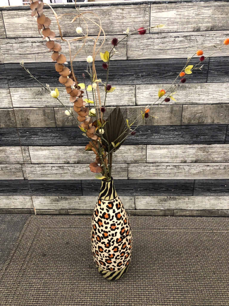 ANIMAL PRINT VASE W/DRIED FAUX FLORALS.