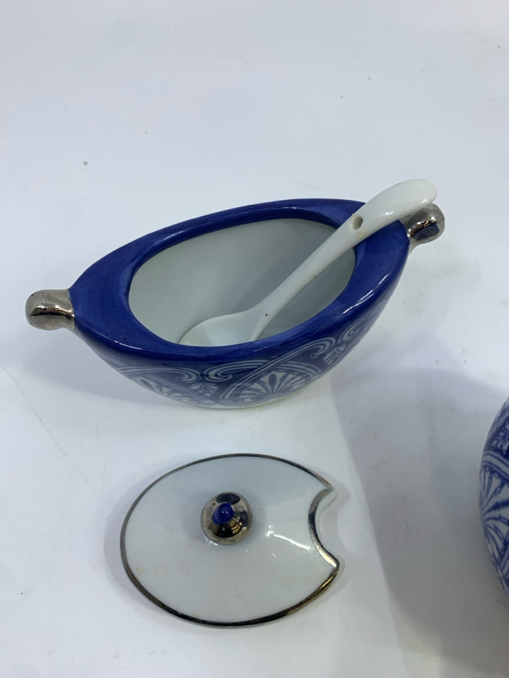 PORCELAIN SUGAR AND CREAMER BLUE W/SILVER TRIM.