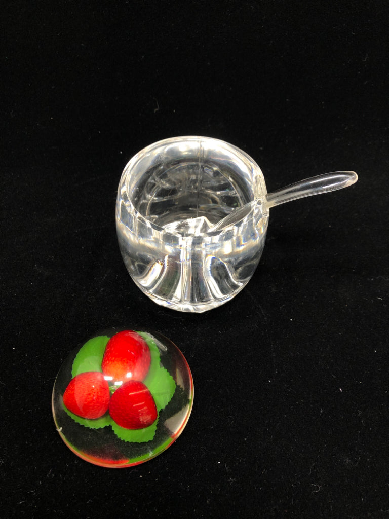 ACRYLIC JAM JAR W/STRAWBERRIES EMBEDDED LID AND SPOON.
