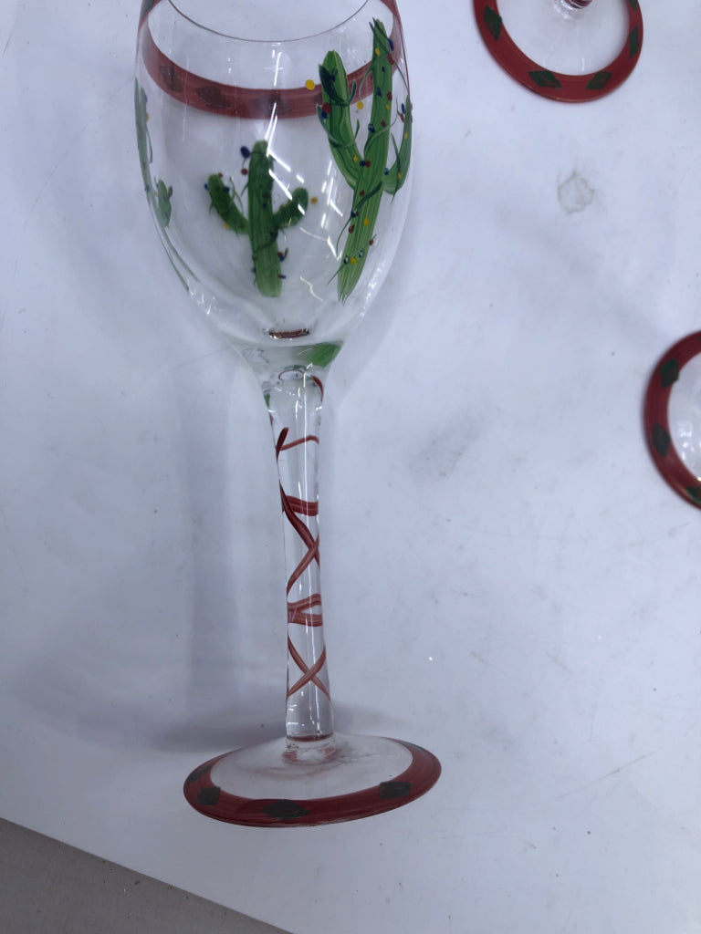 4 PAINTED CHRISTMAS CACTUS WINE GLASSES.