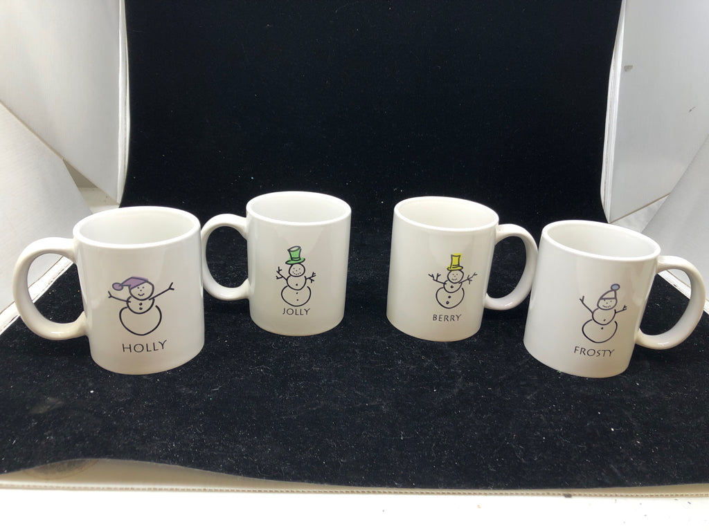 4 WHITE SNOWMAN MUGS.