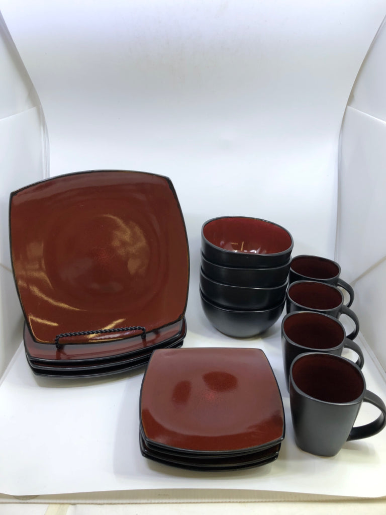 16 PC SVC 4 BLACK + RED DISH SET.