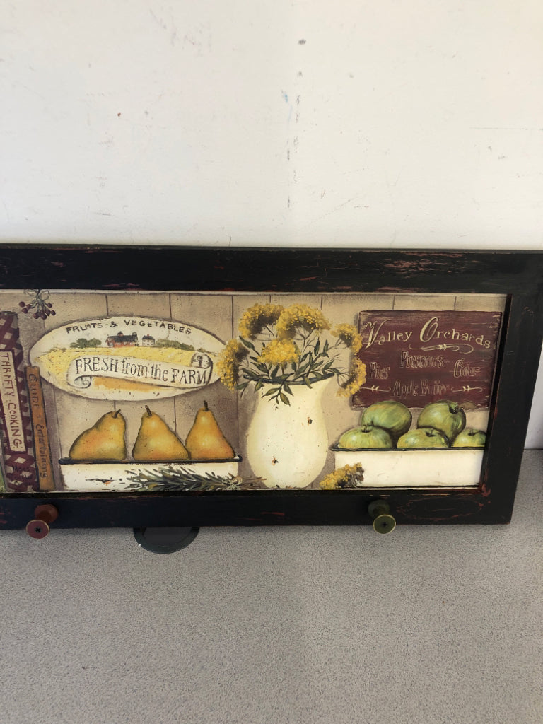 PRIMITIVE WALL ART W/ PEARS/STACKED BOXES+PIP BERRIES 3 HOOKS.
