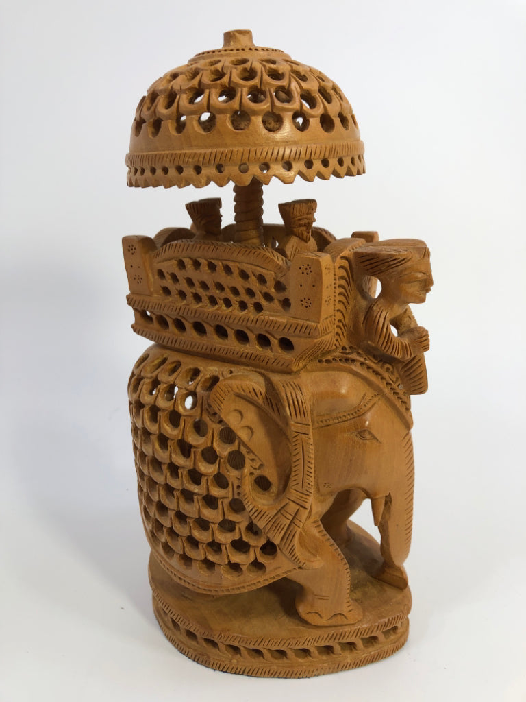 DETAILED WOOD CARVING AMBARI ELEPHANT FIGURINE.