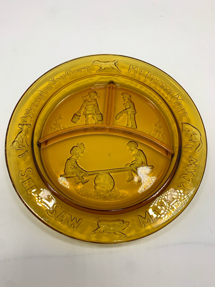 VTG AMBER GLASS DIVIDED MARGERY DAW PLATE.
