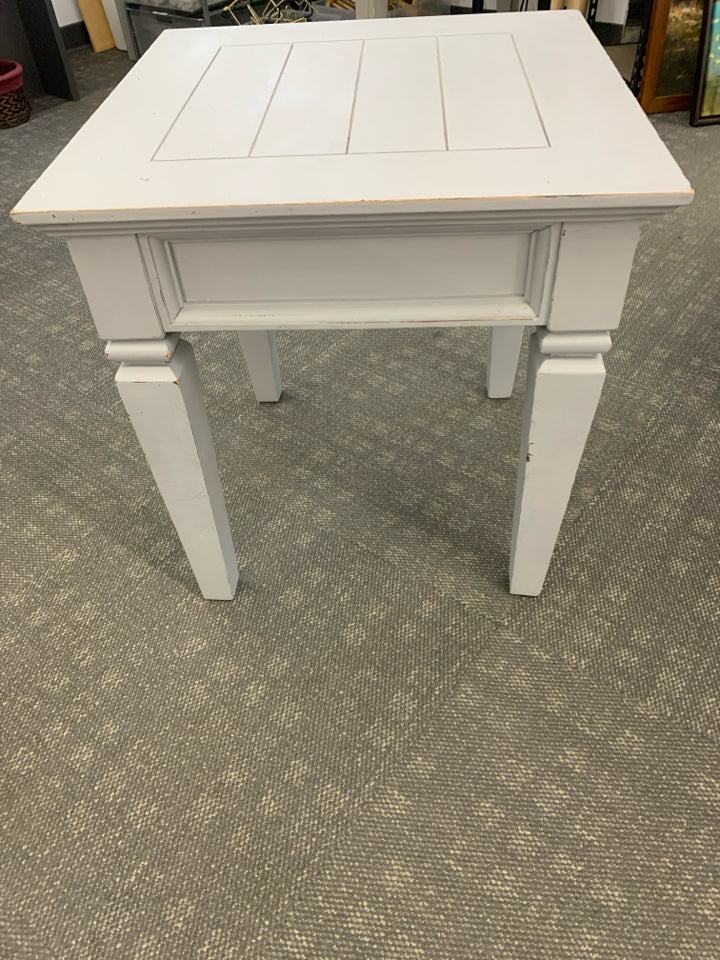 DISTRESSED GRAY END-TABLE.
