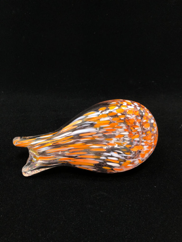 BLOWN CLEAR GLASS BIRD W/WHITE/ORANGE SPECKLES.