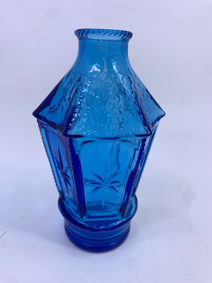 BLUE GLASS HEXAGONAL VASE W/STARS.