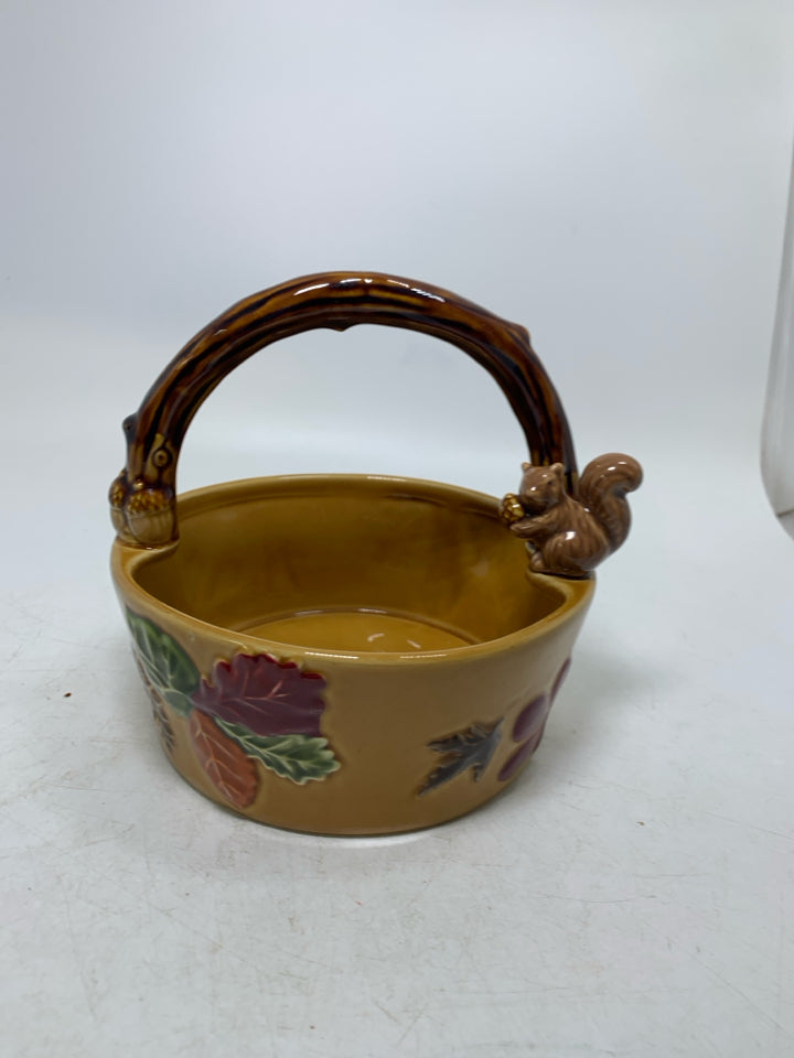 CERAMIC BASKET BRANCH HANDLE SQUIRREL AND FALL LEAVES.