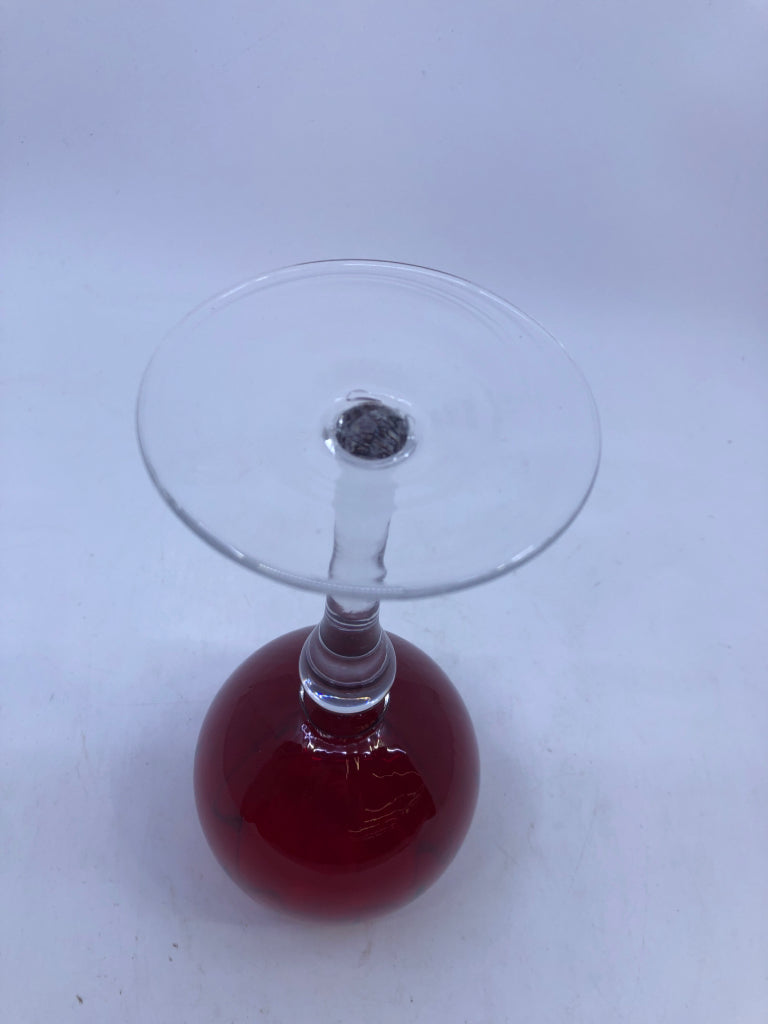 4 RED GLASS WINE GOBLETS.