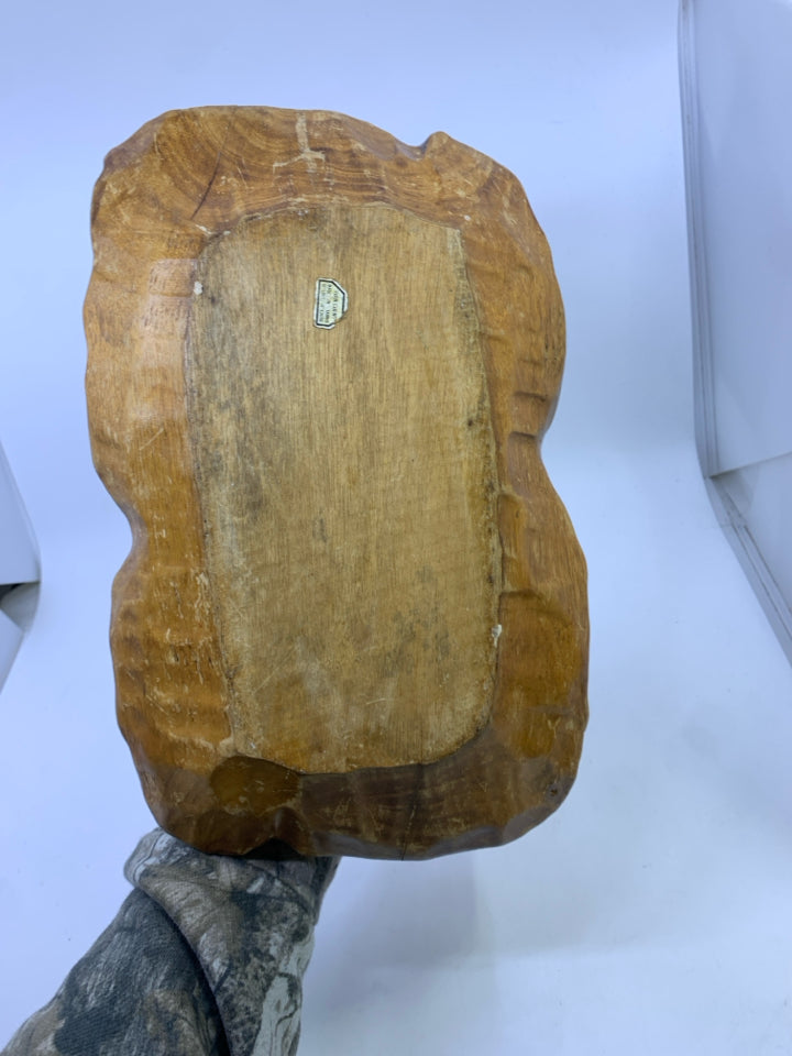 ABSTRACT WOOD BOWL W HANDLE.