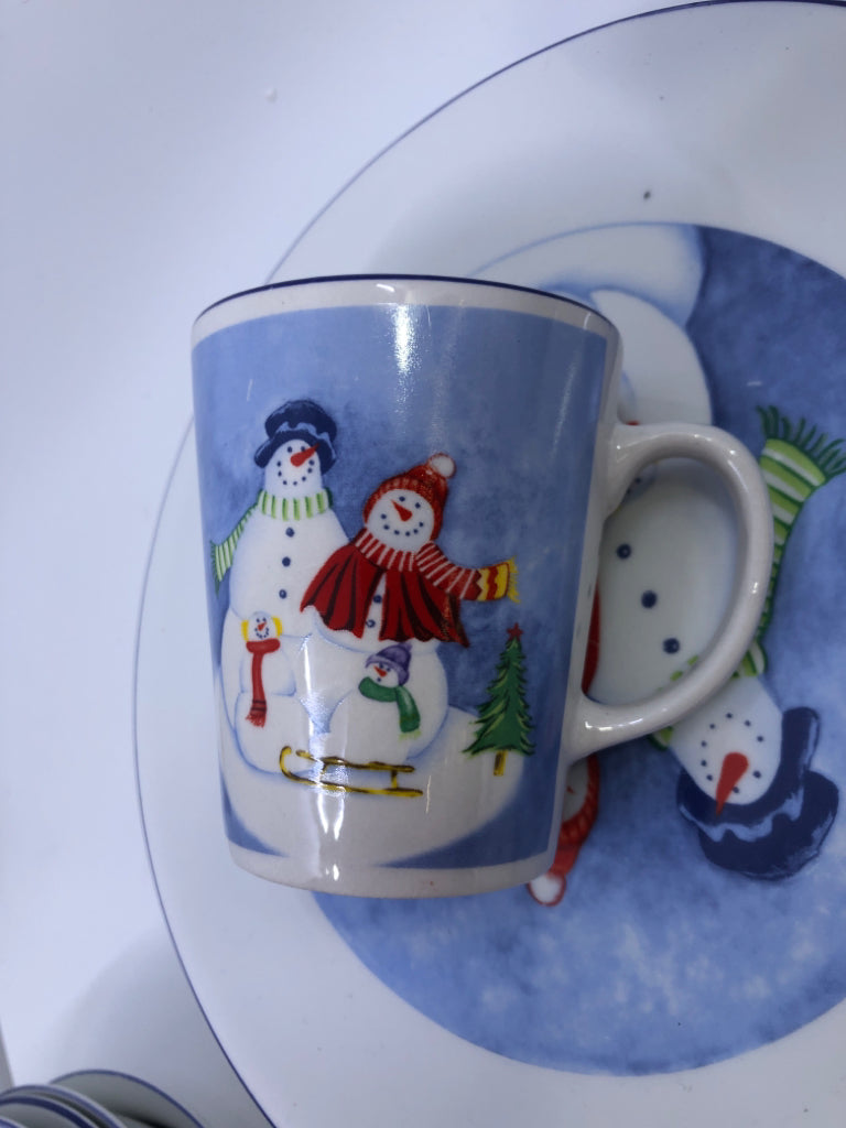 16PC SNOWMAN DISH SET- 4 MUGS, 4 BOWLS, 4 DINNER PLATES, 4 LUNCH PLATES.