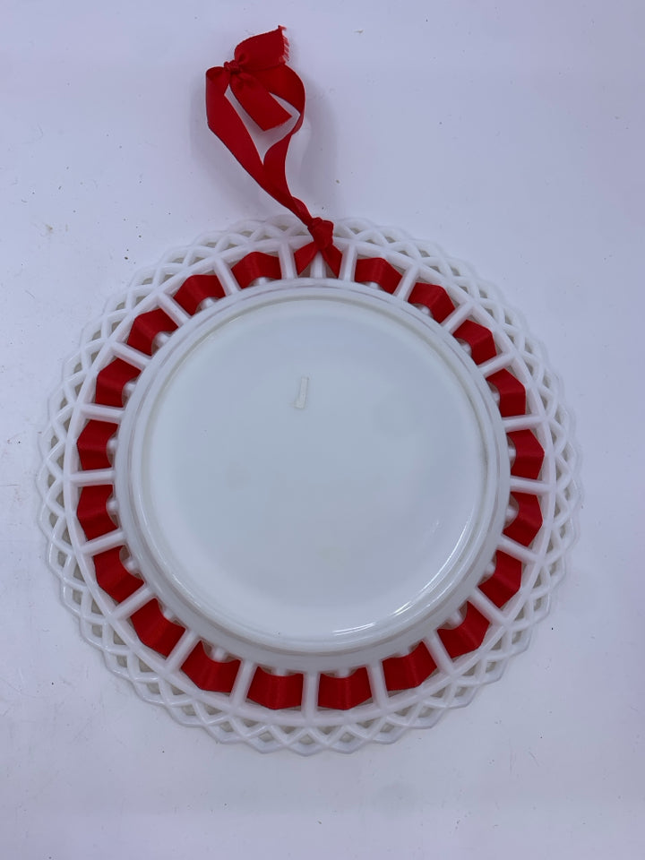 2 MILK GLASS RED RIBBON WALL ART.