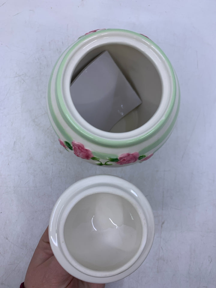 WHITE W/ GREEN STRIPED PRAYER JAR W/ PINK ROSES.
