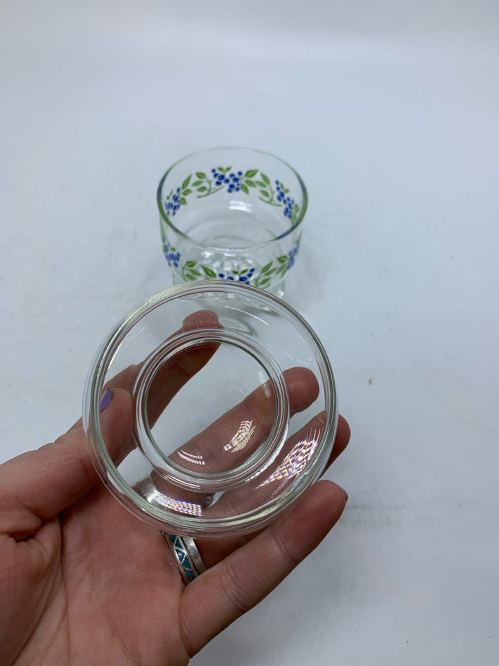 SMALL GLASS JAR W/ PRINTED BLUEBERRIES/LEAVES W/ LID.
