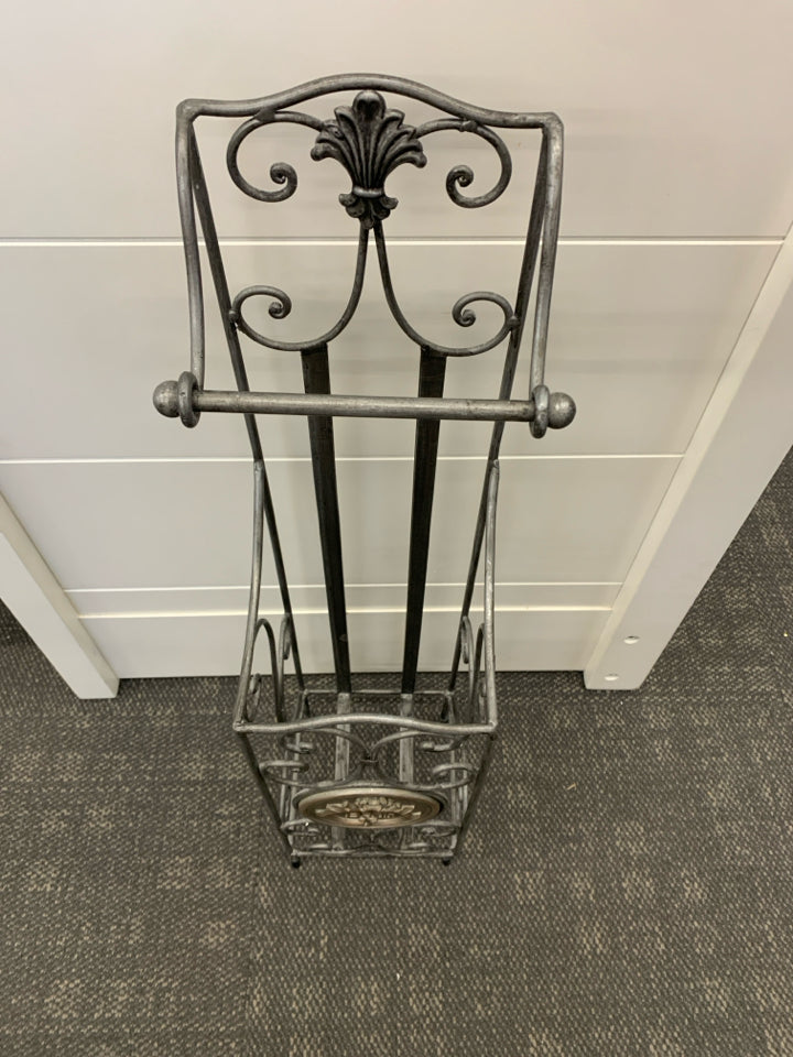 SILVER ORNATE "BATH" STANDING TOILET PAPER HOLDER/STORAGE.