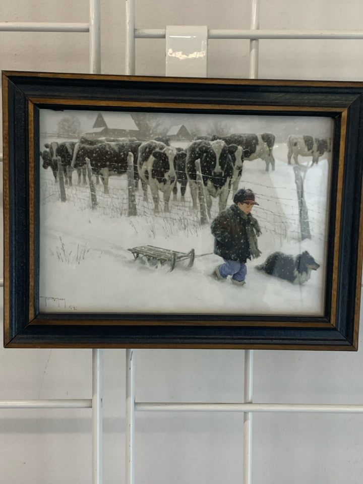 BOY & DOG PULLING SLEIGH IN SNOW WOOD FRAME WALL HANGING.